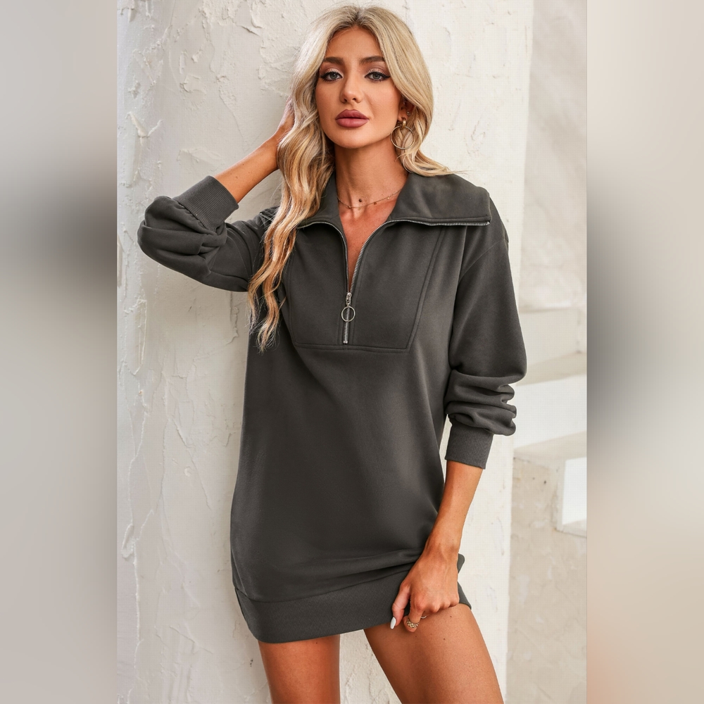 Half Zip Dropped Shoulder Mini Sweatshirt Dress SALE!! 20% OFF